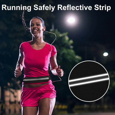 Waterproof Running Belt Fanny Pack For Men And Women Slim Running Bag with reflective strip, worn by runner at night.
