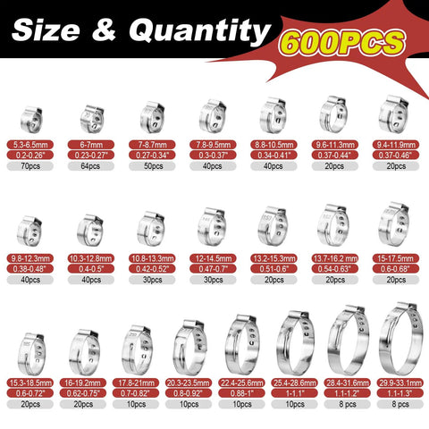 600 Piece 22 Size Single Ear Crimp Hose Clamp Kit For Auto Projects And Home DIY, 304 Stainless Steel Pinch Clamps sizes
