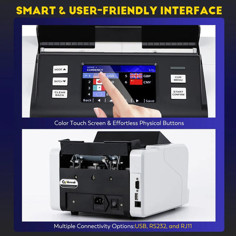 Mixed Denomination Money Counter with Touchscreen Display and Fast Counting Up to 1500 Bills Per Minute, rear view