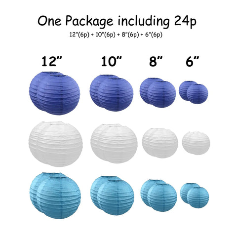 24 Piece Assorted Paper Lantern Set In Navy Blue Sky Blue And Ivory White Sizes 6 8 10 And 12 Inches For Home Decor Weddings And Parties