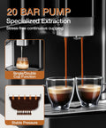 Real Deal Fully Automatic Espresso Machine With Smart Touch Panel Built In Grinder pouring espresso into double glass cups.