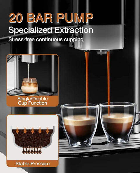 Real Deal Fully Automatic Espresso Machine With Smart Touch Panel Built In Grinder pouring espresso into double glass cups.