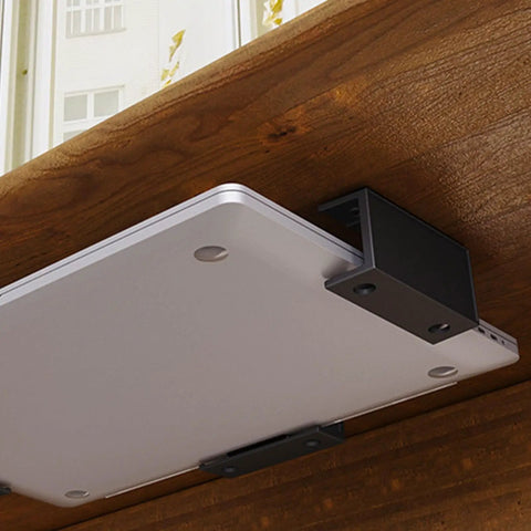 Rock Solid Under Desk Laptop Mount With Heavy Duty Black Bracket For Secure Storage And No Fuss Setup To Keep Your Workspace Neat And Super Functional All Week, mounted under a wooden desk.