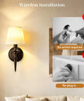 NICOLONOR Battery Operated Wall Sconces Set of 2, Wireless Wall Lights with 12 RGB Colors and 3CCT Dimmable, Small Fabric LED Wall Lamps for Bedroom, Living Room, Hallway, Bronze showing wireless installation method.