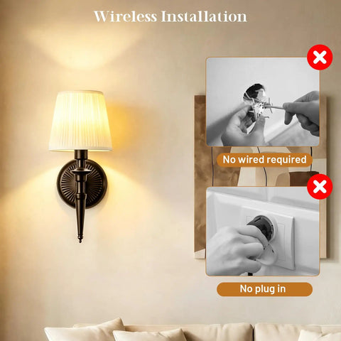 NICOLONOR Battery Operated Wall Sconces Set of 2, Wireless Wall Lights with 12 RGB Colors and 3CCT Dimmable, Small Fabric LED Wall Lamps for Bedroom, Living Room, Hallway, Bronze showing wireless installation method.