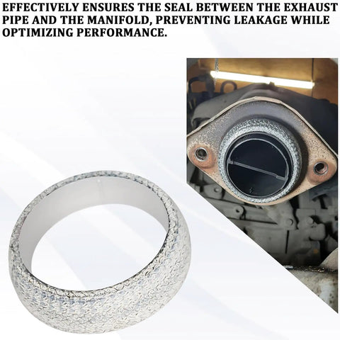 Exhaust Donut Gasket 2 Pack 2.5 Inch Graphite Material shown sealing an exhaust flange to prevent leaks, close-up view