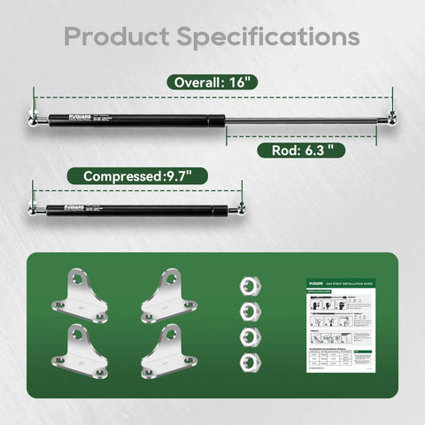 Heavy Duty RV Gas Struts 16 Inch With 38 Pounds Of Assisting Force For No Sweat One Hand Hatch Lifting specifications image.