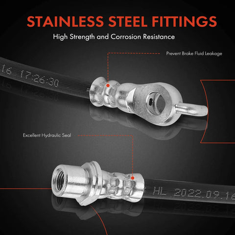 Close-up of stainless steel fittings on Front Brake Hydraulic Hose Kit for Toyota Corolla 2003-2008 and Prius 2004-2009