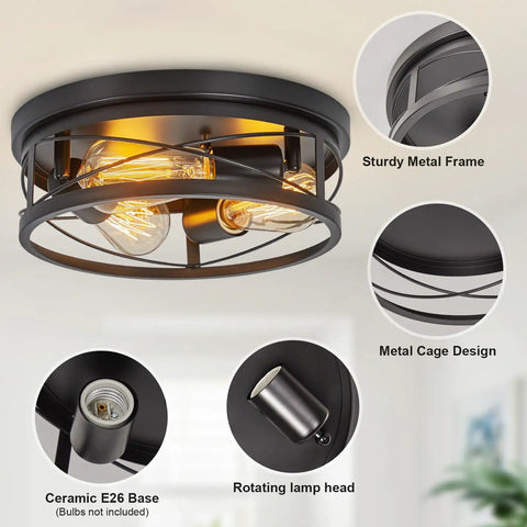 Farmhouse Black 3 Light Flush Mount Ceiling Fixture With Metal Cage Shade For Kitchen Bedroom Living Room Hallway Foyer Vintage Industrial E26 Base Retro Style Lighting close-up and details