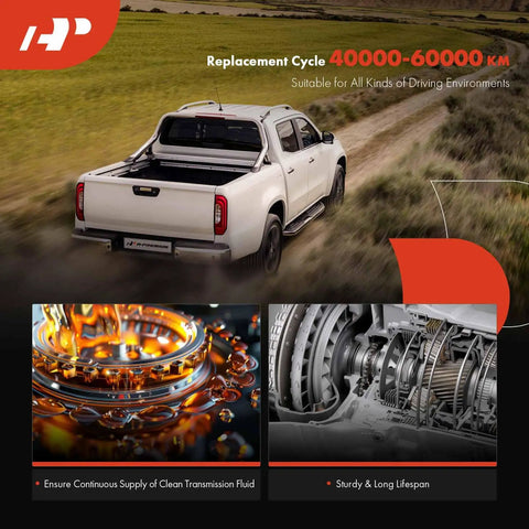 White truck driving on road with transmission filter kit images below; Honda Civic And HR V Automatic Transmission Filter With Pan Gasket Direct Fit Premium Replacement For 2014 2020 Civic 2015 2019 Fit 2016 2020 HR V Replaces 25450P4V013 254205T0003.