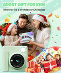 Kids Instant Print Camera With 1080P HD Video, Green Toy For Snaps And Printing, Portable Digital Camera For Playtime, Frames, Music, Games, Flashlight, Black And White Print Mode, Kid Friendly And Sturdy Design shown with family gift scene