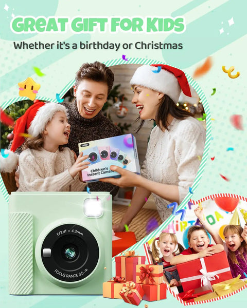 Kids Instant Print Camera With 1080P HD Video, Green Toy For Snaps And Printing, Portable Digital Camera For Playtime, Frames, Music, Games, Flashlight, Black And White Print Mode, Kid Friendly And Sturdy Design shown with family gift scene