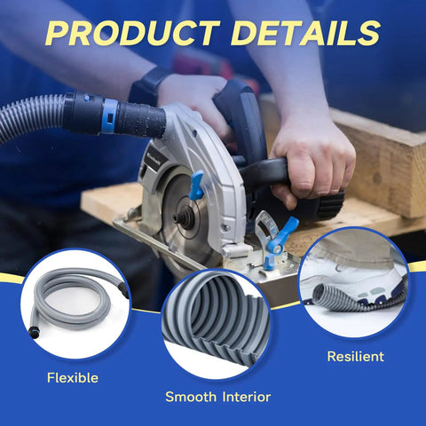 16 Ft Dust Collection Hose Kit in use with workshop vacuum and sander, highlighting anti-kink and clog-resistant features.