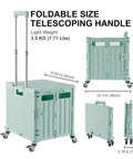 MACOPRO folding utility cart, green collapsible crate with lid, four caster wheels and telescoping handle (front view)