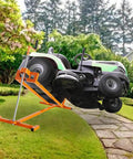 Livoccur Lawn Mower Lift Jack Heavy Duty Platform 882 Lbs Capacity For Garden Tractors with mower elevated for maintenance.