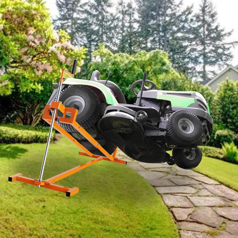 Livoccur Lawn Mower Lift Jack Heavy Duty Platform 882 Lbs Capacity For Garden Tractors with mower elevated for maintenance.