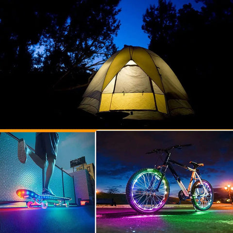 Battery Powered RGB LED Strip Lights 6M 20Ft With 180 5050 LEDs illuminating tent, skateboard, and bicycle outdoors.