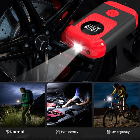 All In One Portable Tire Inflator And Jump Starter Kit With LED Light, Auto Stop, And Pressure Gauge in use at night.