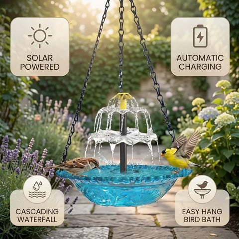 3 Tier Solar Powered Hanging Bird Bath Fountain With Blue Bowl For Hummingbirds, Outdoor Garden Patio Yard Decor That Delivers Chill Water Cascade, No Wires, No Batteries