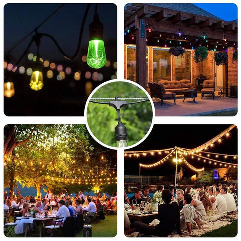 Collage showing Outdoor String Light Suspension Kit with Vinyl Coated Stainless Steel Cable lights over patio and events.