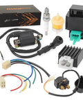 All In One ATV Ignition Coil Kit With 5 Pin AC CDI Box, Voltage Regulator Rectifier, Solenoid Relay, Spark Plug, And Fuel Filter