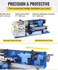 Detailed view of 550W Mini Metal Lathe 7X14 Inch, showcasing spindle bore, swing over bed, and automatic power-off cover.