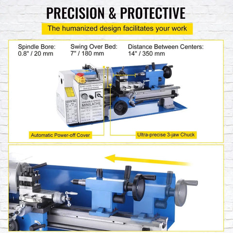 Detailed view of 550W Mini Metal Lathe 7X14 Inch, showcasing spindle bore, swing over bed, and automatic power-off cover.