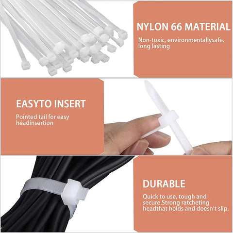 Heavy Duty Nylon Zip Ties 24 Inch Self Locking Wire Ties 30 Pack White for Indoor Outdoor Use, shown in close-up, durable and easy to insert.