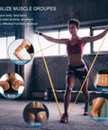 Color Coded Resistance Bands For Intense Workouts Physical Therapy Gym Strength Training Muscle Recovery Built For Pilates Yoga Beginners With Five Progressive Tension Levels To Crush Every Legit Fitness Goal, woman exercising with resistance bands in a gym.