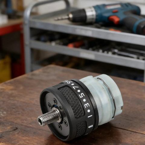 Close-up of Dual Self Locking Brushless Gearbox Replacement With 13 Tooth Metal Gear Assembly on workbench.