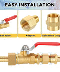Front view collage of brass hose fittings: ball valve with red handle, adapter, and splicer/air coupler