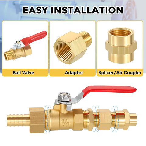 Front view collage of brass hose fittings: ball valve with red handle, adapter, and splicer/air coupler