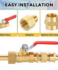 Pack Of 2 Brass Pipe Fittings 3/8 NPT Female To 1/4 NPT Male Thread Adapter, brass ball valve, and splicer for leak repair.