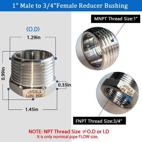 Two Pack Stainless Steel Bushing One To Three Quarter Inch NPT Reducer One Inch Male To Three Quarter Inch Female Hex Pipe Fitting Set For Quick Hose And Tube Connections Beefy Heavy Duty Leak Free Easy Fit, size diagram