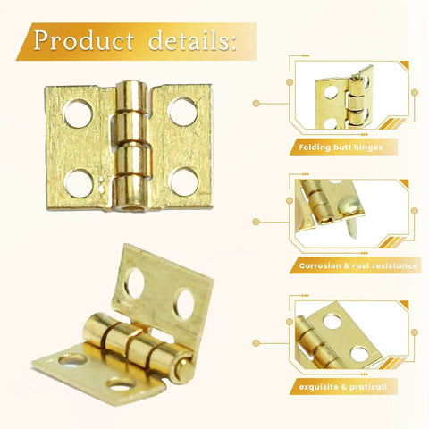 100 Pack Mini Brass Hinges For Jewelry Boxes And Small Cabinets, 180 Degree Rotation Gold Butt Hinges, cabinet drawer connectors.