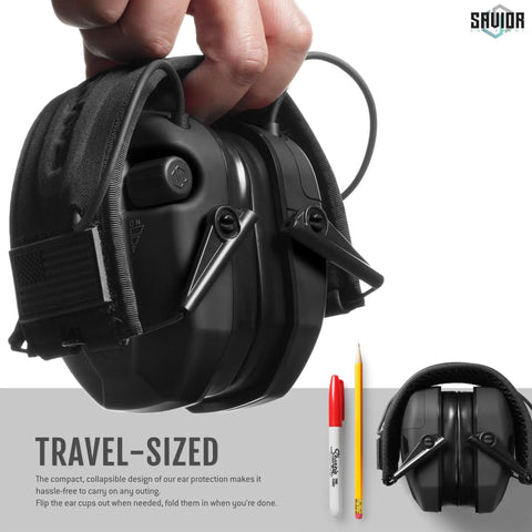 Apollo Electronic Earmuffs For Shooting With Gel Ear Pads 24 Decibel NRR Noise Cancelling Ear Protection Headset showcasing collapsible design