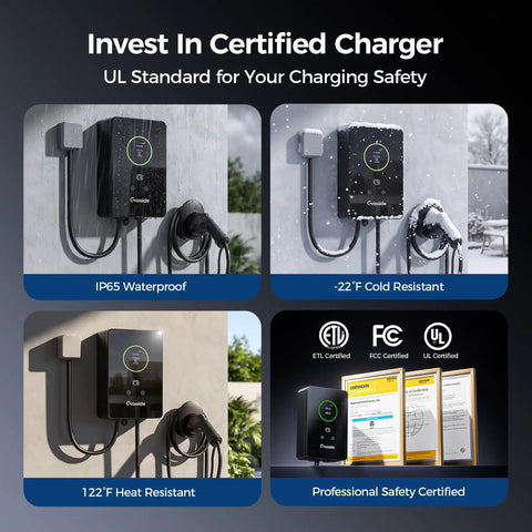 Heavy Duty 48 Amp Level 2 EV Charger With 25 Ft Cable Hardwired 240V Wall Station J1772 Standard with water and snow resistance features.