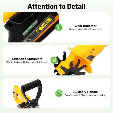 Cordless Garden Tiller Cultivator 250RPM Portable Electric Rototiller with battery indicator, mudguard, and handle features