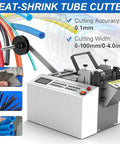 Industrial Grade Automatic Heat Shrink Tube Cutter Machine With Microcomputer Control For High Speed Electric Tubing And Sleeving Cutting Up To Ninemillimeters Width Wide Precision Slicing Tool, showing cutting accuracy of 0.1mm and cutting width of 0-100mm.