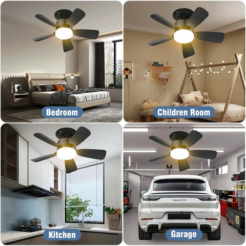 Lit Seventeen Point Five Inch Ceiling Fan Light in bedroom, children room, kitchen, and garage; multiple settings.