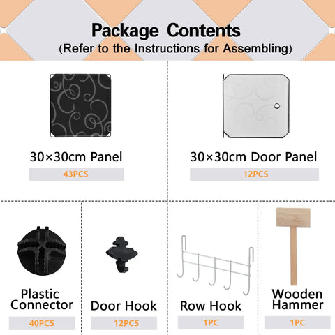 Package contents for 12 Cube Storage Organizer With Doors For Bedroom And Living Room, DIY Plastic Modular Bookshelf Cabinet
