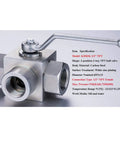 Front view of Taixin 3-way high-pressure ball valve, 1/2 in NPT female, carbon steel with zinc plating, lever handle