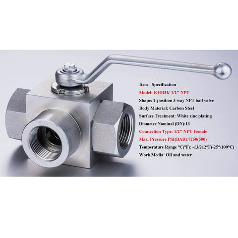 Front view of Taixin 3-way high-pressure ball valve, 1/2 in NPT female, carbon steel with zinc plating, lever handle