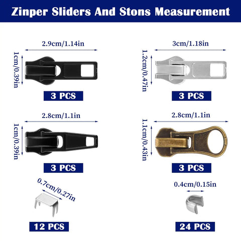 Metal Zipper Repair Kit Size 5 Replacement Zipper Pulls And Lockable Sliders With Top And Bottom Stops measurements