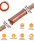 0 Gauge Bare Copper Butt Splice Connectors Kit, 12-Piece Non-Insulated Seamless Barrel Crimp Terminals For Solid Or Stranded Wire, 1/0 AWG, Heavy Duty 600V Rating, Crimp Or Solder Ready, showing detailed close-up of copper terminal and wire connection.