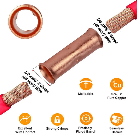 0 Gauge Bare Copper Butt Splice Connectors Kit, 12-Piece Non-Insulated Seamless Barrel Crimp Terminals For Solid Or Stranded Wire, 1/0 AWG, Heavy Duty 600V Rating, Crimp Or Solder Ready, showing detailed close-up of copper terminal and wire connection.