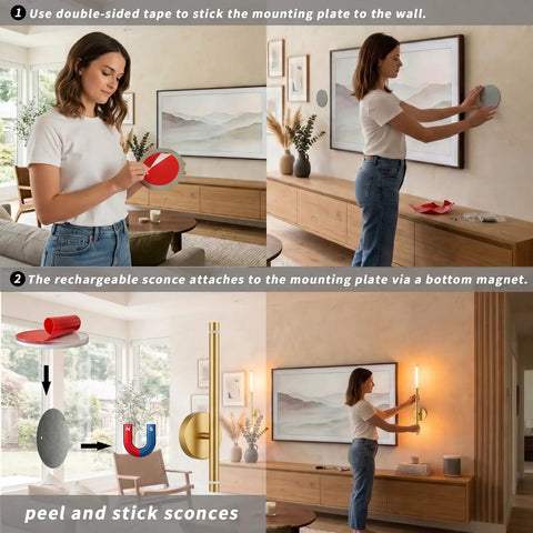IZOKIN Battery Operated Wall Sconce Set of 2 Peel and Stick with Remote installation process using double-sided tape.