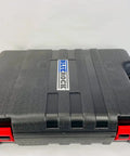 Black hard case for Black 60mm Magnetic Drill With Rock Solid 52 Lb Base, featuring sturdy latches and Blue Rock branding.