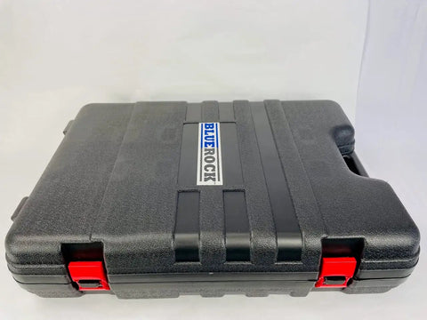 Black hard case for Black 60mm Magnetic Drill With Rock Solid 52 Lb Base, featuring sturdy latches and Blue Rock branding.