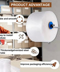 Zero Fuss Wall Mount Bubble Wrap Dispenser With Heavy Duty Foam Roll Packer Runs Super Slick For Active Packing Stations Includes Full Hardware Kit fits one meter wide films, mounted on wall in warehouse.